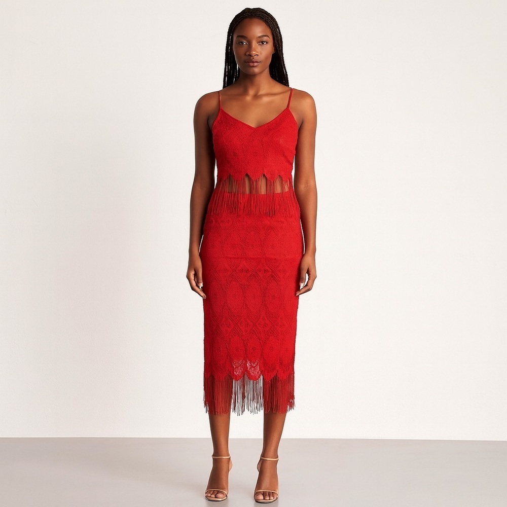 Vtg Skirt Set Womens S Red Crochet Fringe Crop Top Midi Party USA Flapper 90s